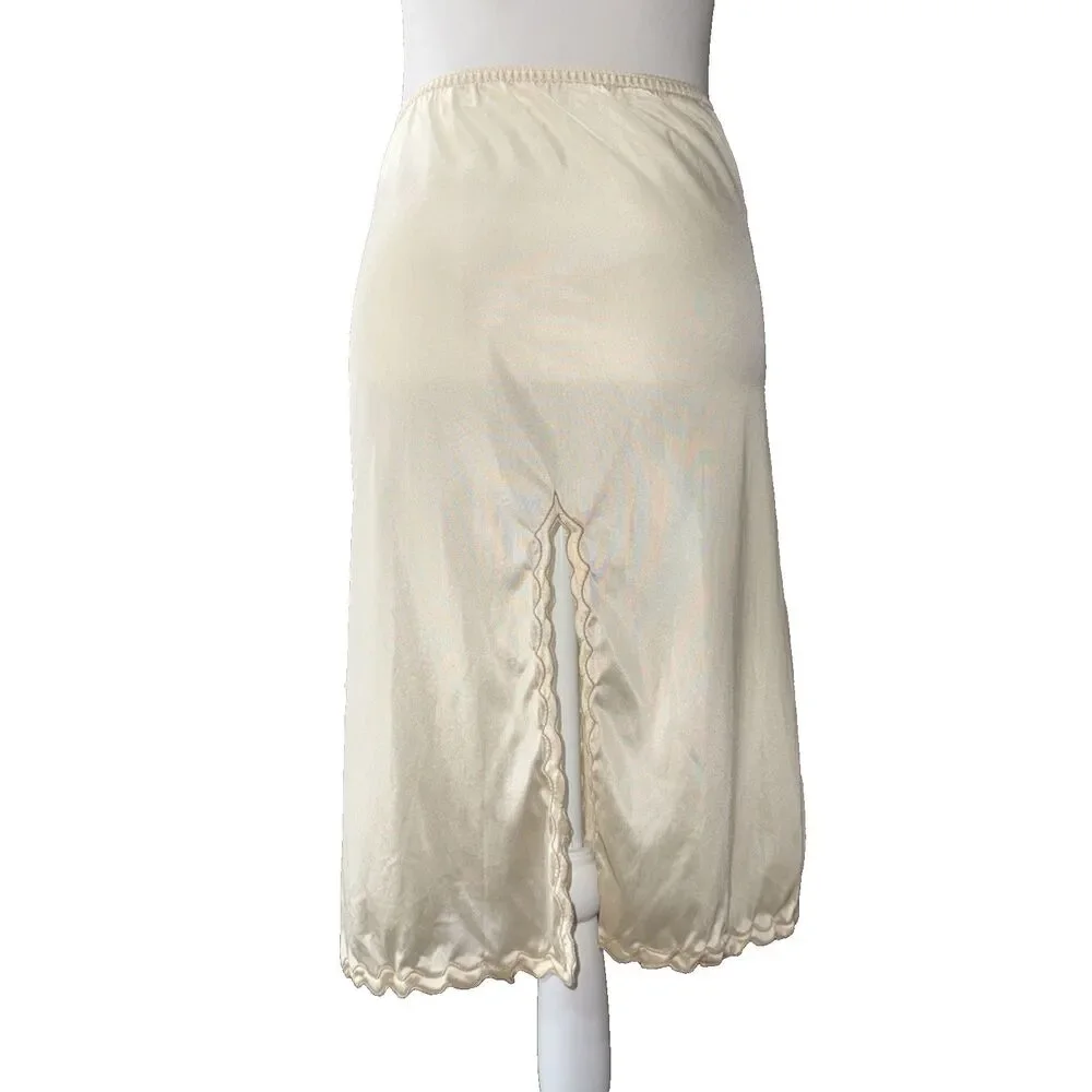 Vintage Vincent Nylon Half Slip Ivory Lace Trim High Slit 90s Lingerie Skirt S